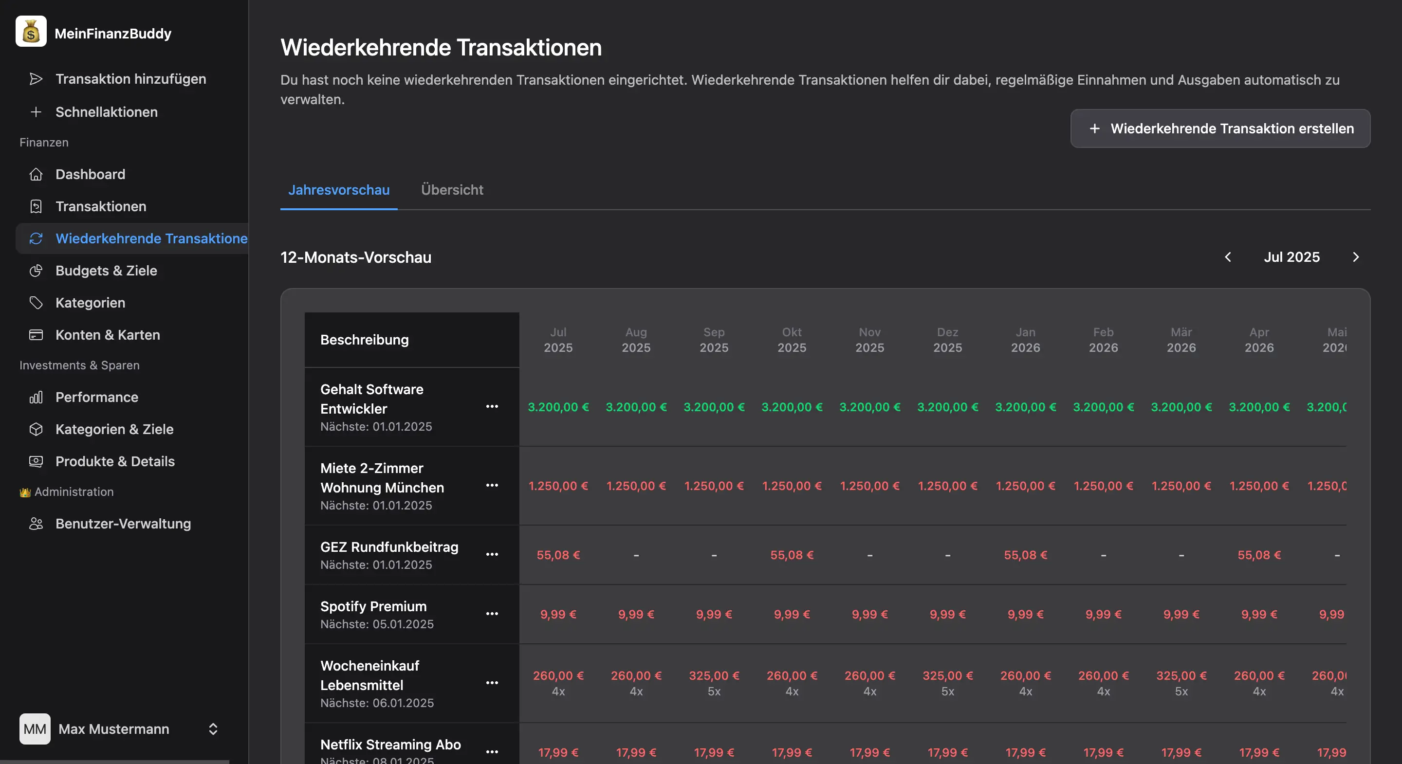 Recurring Transactions Calendar
