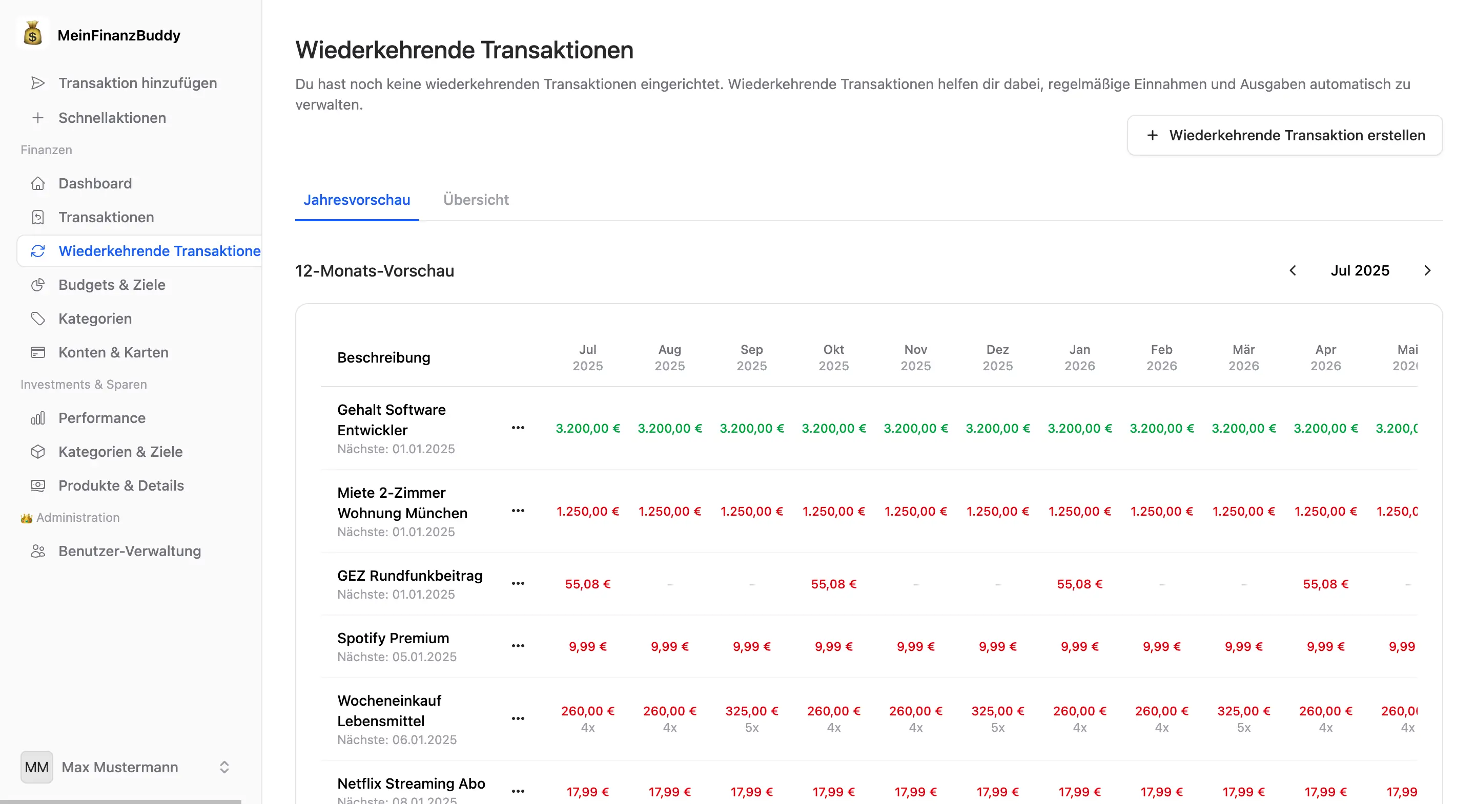 Recurring Transactions Calendar